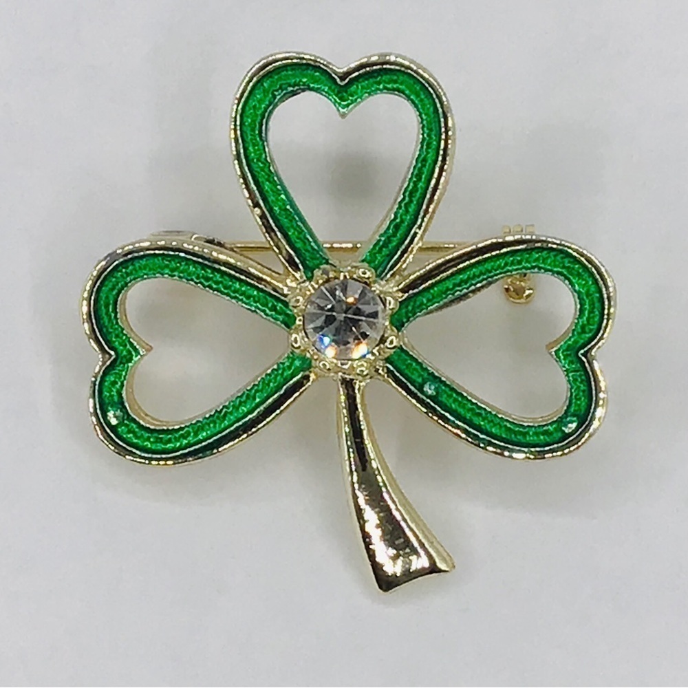 Vtg St. Patrick’s Brooch Shamrock Clover Green Enamel Gold Tone Pin Saint Patty